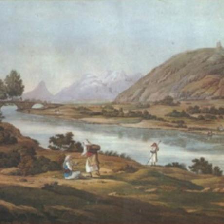 Orchomenos, Kifissos river and the Akropolis (lithography of E. Dodwell 1805), ORCHOMENOS (Town) VIOTIA