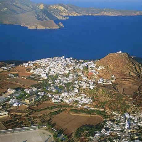 A panoramic view of Plaka & the Castle on top of the hill overlooking the Gulf of Milios, MILOS (Small town) KYKLADES