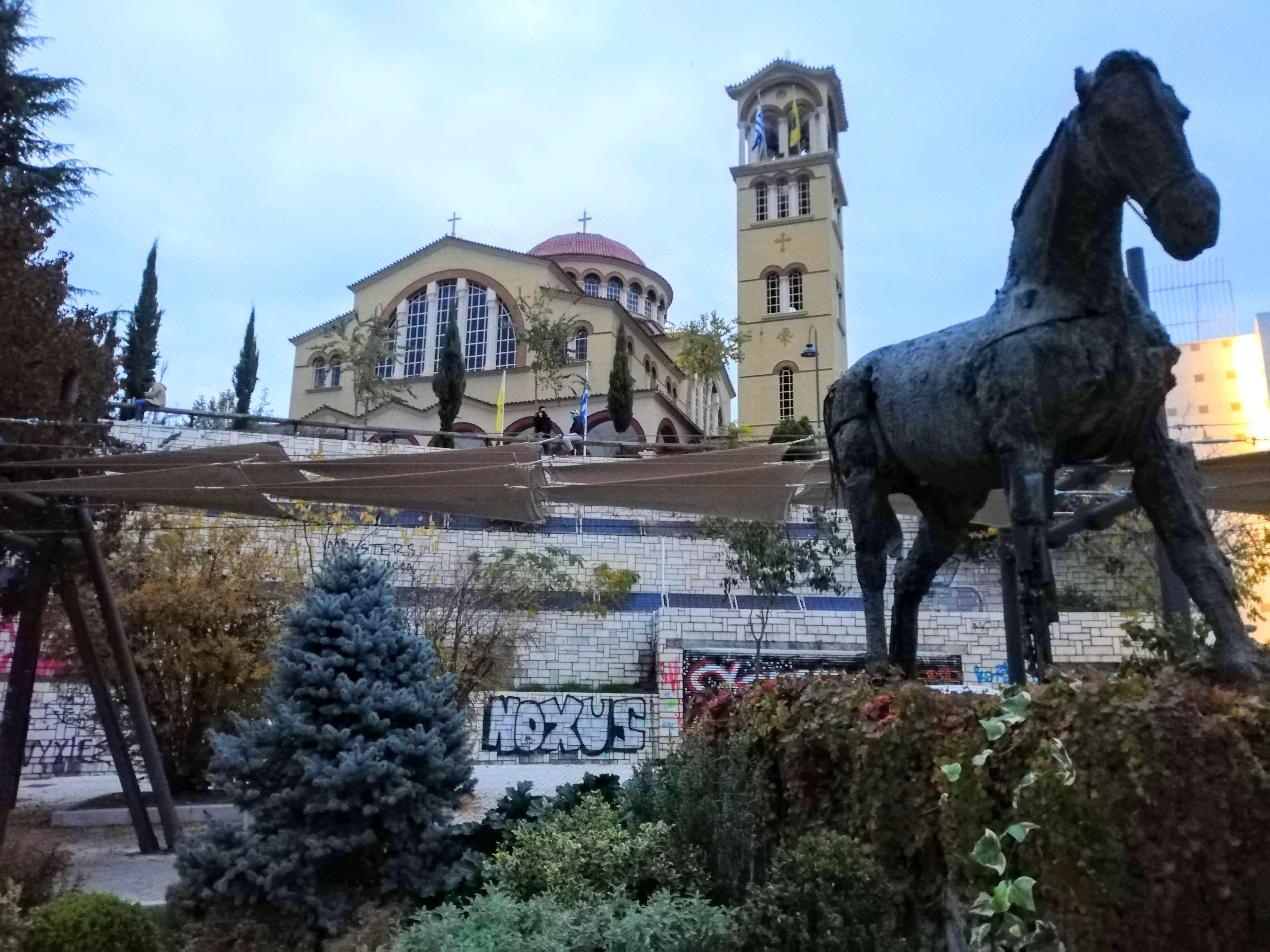 Agios Achillios Cathedral. Statue of a horse, the emblem of the city of Larissa. LARISSA (Town) THESSALIA