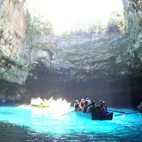 Melissani Cave lake: The sunrays shed light all over the open-roofed cave, KARAVOMYLOS (Village) KEFALLONIA