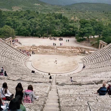Set against a backdrop of lush landscape, the theatre of Epidaurus is marvelled for its exceptional acoustics, ASKLEPIEION OF EPIDAURUS (Ancient sanctuary) ARGOLIS