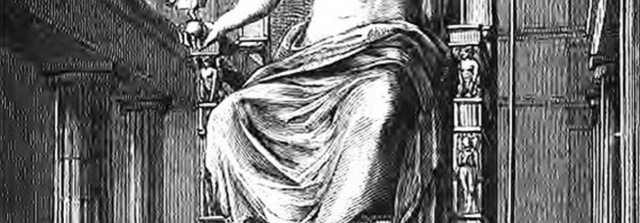 Το άγαλμα του Δία στην Ολυμπία, ένα από τα 7 θαύματα του αρχαίου κόσμου. Γκραβούρα 19ου αι.