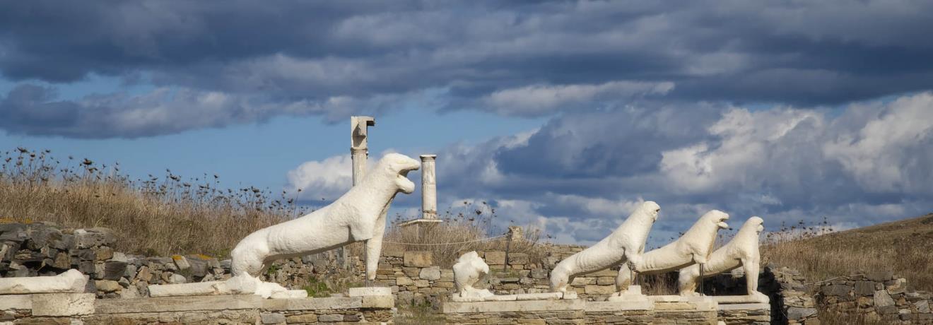 The marble lions, dedicated to Apollo by the Naxians at the end of 7th century BC stand in a row facing eastwards, towards the Sacred Lake.