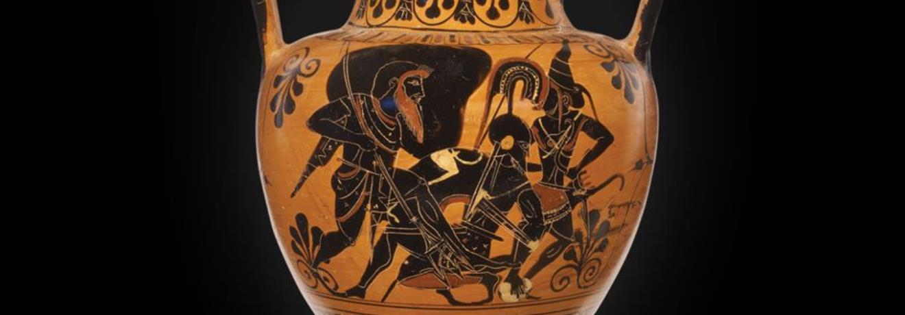Poseidon attacks the giant Polybotes with a huge boulder, from which the island of Nisyros was formed. Attic black-figure amphora, ca 515 B.C. (Museum of Cycladic Art)