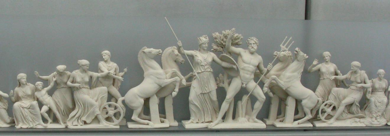 Η Αθηνά & ο Ποσειδώνας διεκδικούν την αττική γη. Δ. αέτωμα Παρθενώνα (αναπαράσταση)