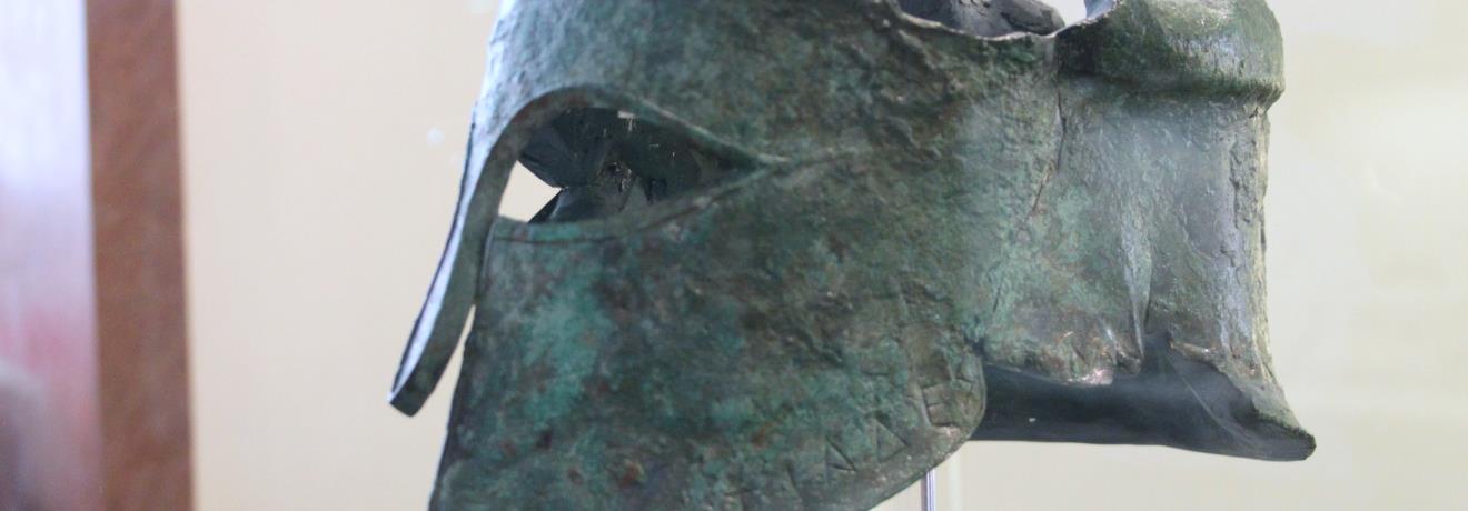 The helmet of the Athenian general Miltiades. The inscription reads Miltiades dedicated to Zeus