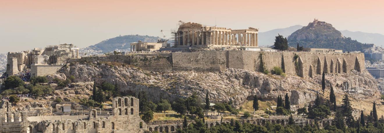 Acropolis of Athens. Panoramic view of Herod's Odeum and the south slope